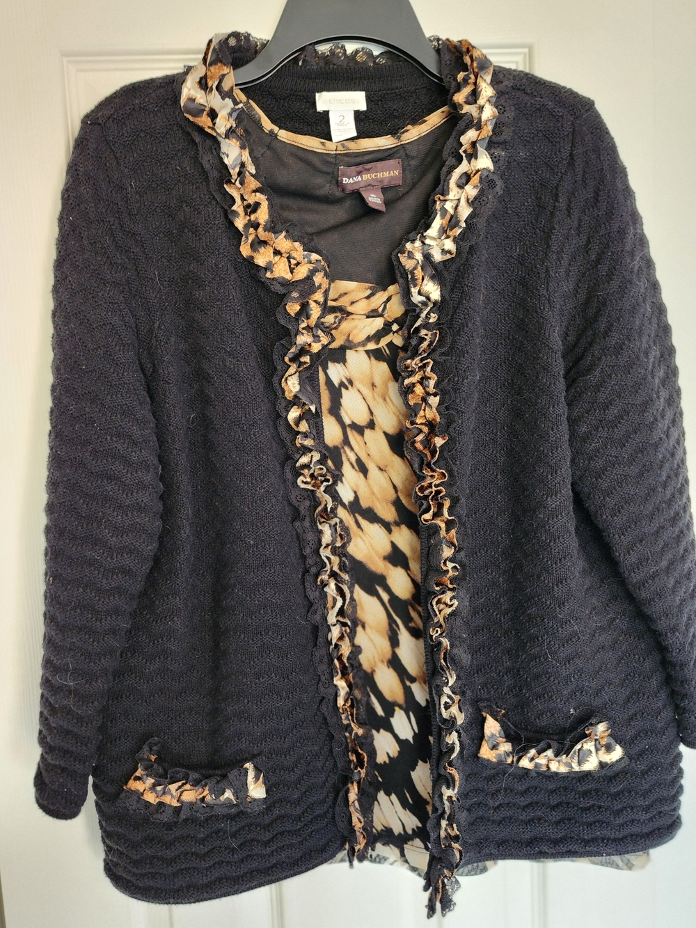 Chico's Black Knit Cardigan Leopard-Print Ruffle Trim & Dana Buchman Blouse